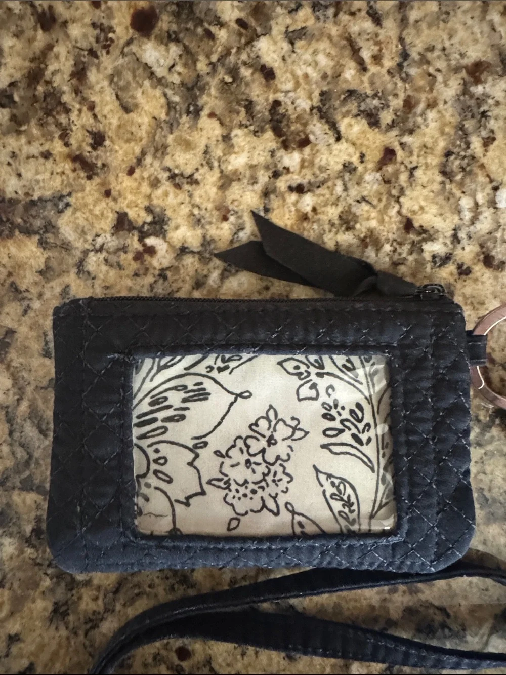 Vera Bradley Black Quilted ID Lanyard Badge Holder with Key Ring